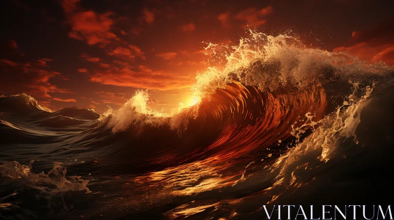 Spectacular Ocean Wave Crests under Mesmerizing Sunset Glow, Captured through a 70mm Lens with Photo AI Image