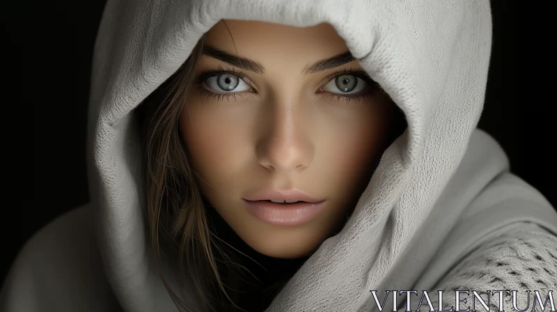 Captivating Portrait of a Woman with Deep Blue Eyes in a Gray Hoodie AI Image