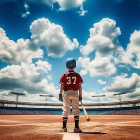 Young Baseball Player on Field Under Expansive Skies AI Image