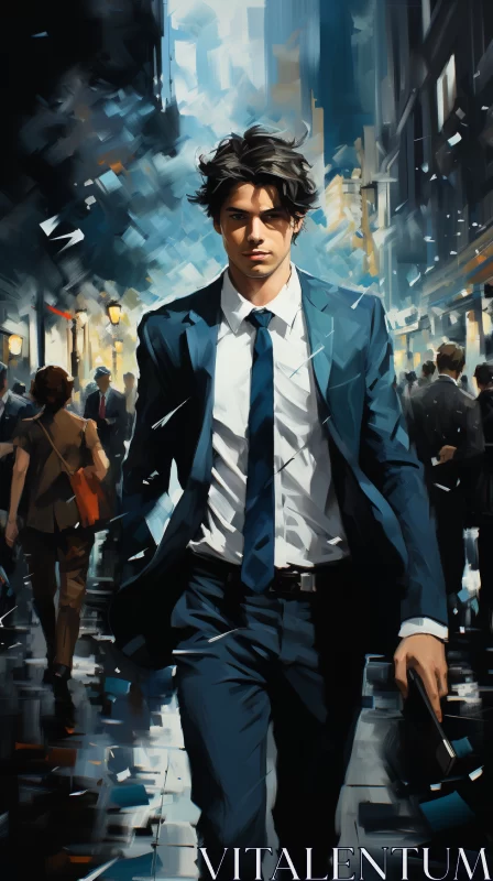 Confident Businessman in Bustling City - Manga Art with Realism AI Image