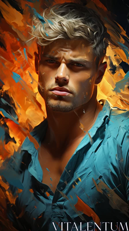 Detailed Character Expression: Handsome Man in Blue Shirt with Flame Painting AI Image