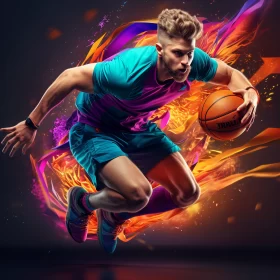 Dynamic and Fantastical Sports Scene with Flaming Basketball AI Image