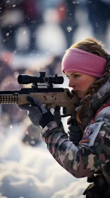 Intense Sniper Game Scene with Woman in Snowy Landscape AI Image