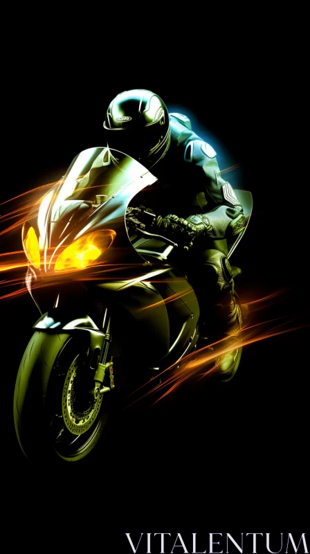 Mid-Action Motorcycle Rider Silhouetted Against Dark Sky in Digitally-Enhanced Image AI Image