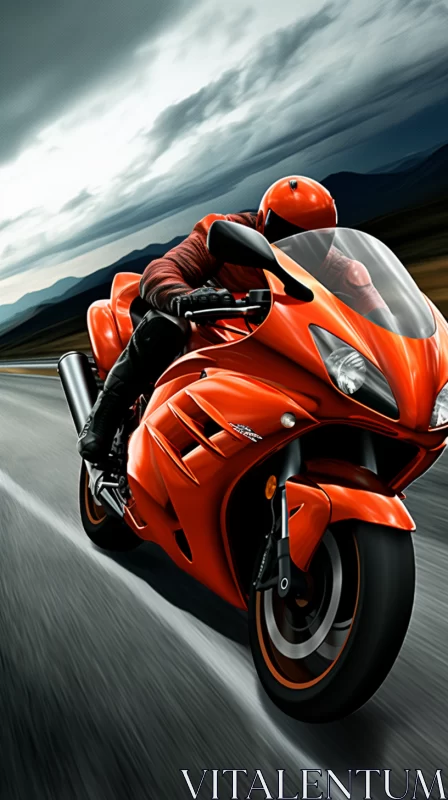 Vivid Orange Motorcycle in Motion: A Hyper-Realistic Digital Art AI Image