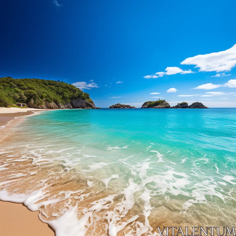 Dreamy Beach Scene with Lush Landscape and Azure Waters AI Image