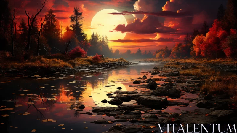 Enchanting Moonlit Forest Sunset Reflected in Flowing River AI Image