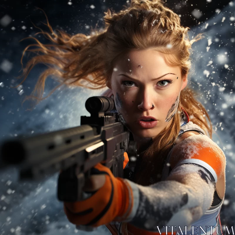 AI ART Futuristic Combat Scene: Woman Defending in Snow