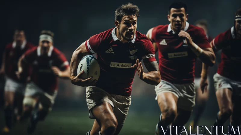Nighttime Rugby Match Under Crimson Sky - Intense Action Captured in Long-Exposure AI Image