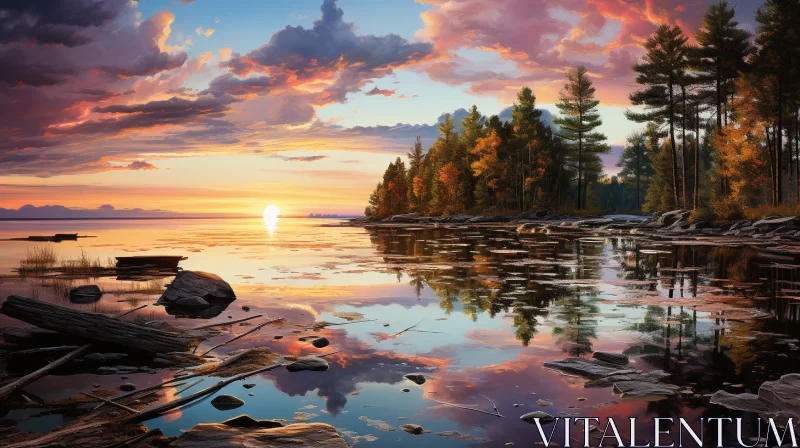 Panoramic Coastal Mural: Nature's Sunset Reflections in Tranquil Sea AI Image