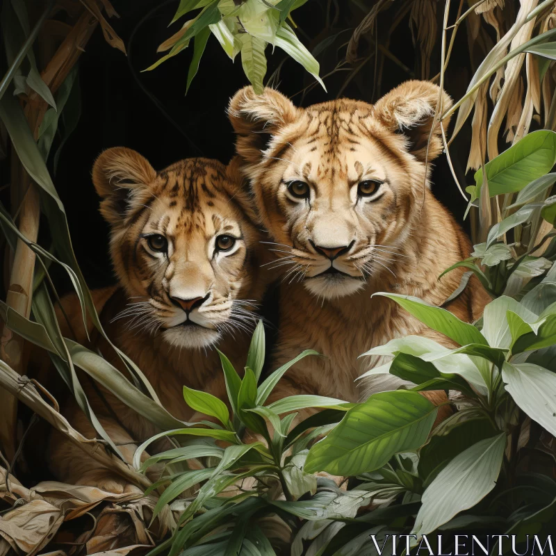 Chiaroscuro Portraiture of Lion Cubs in the Jungle AI Image
