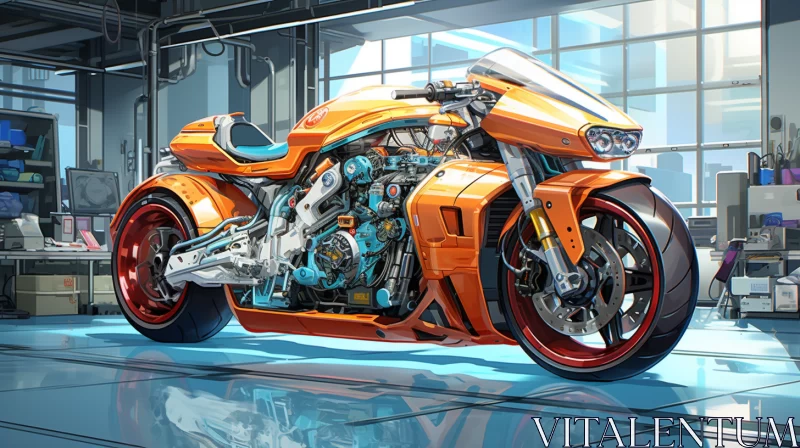 Futuristic Motorcycle in Detailed Workshop - Exotic Realism Meets Manga AI Image