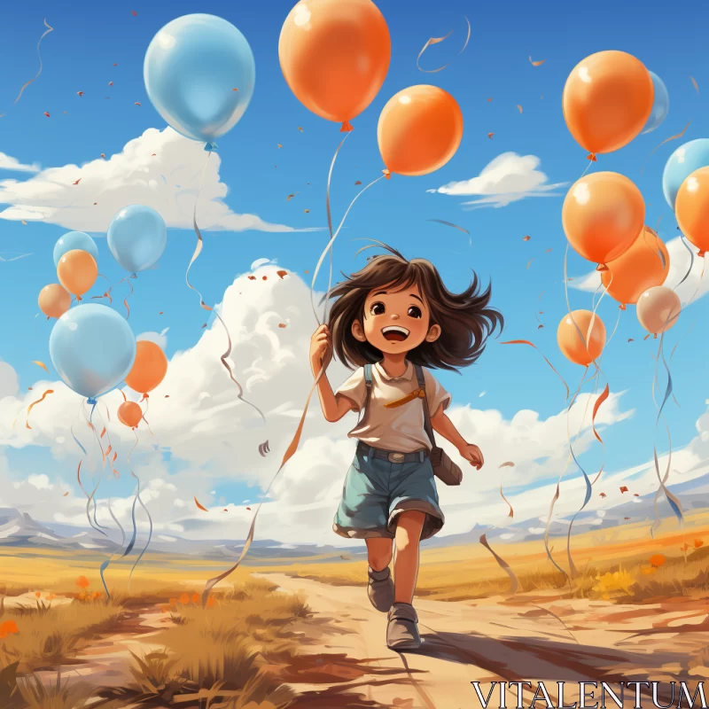 Girl with Balloons in Desert - A Childhood Arcadia Artwork AI Image