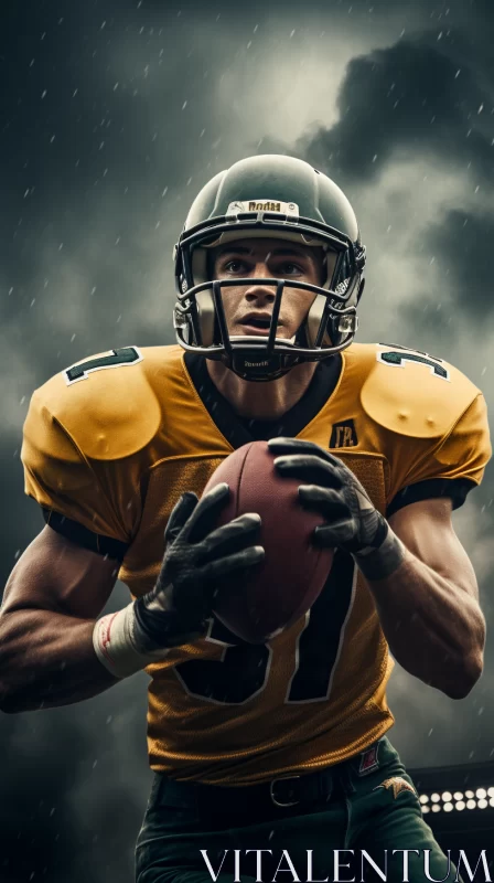 Intense American Football Player Under Rainy Sky AI Image