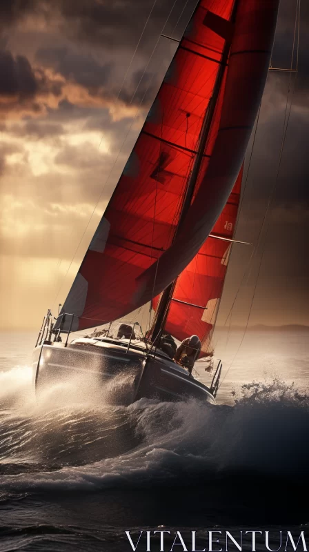 Intense Red Sailboat Cutting Through Ocean AI Image