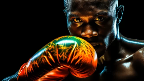 Photo-Realistic Image of Prepared Boxing Player in Dimly Lit Room AI Image
