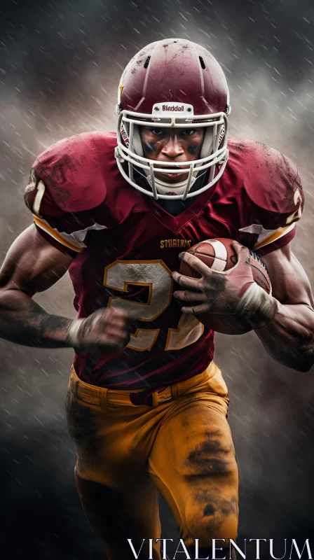 Rain-Soaked Football Player Portrait with Intense Colors AI Image