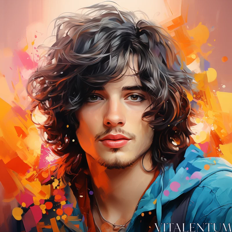 Vibrant and Mesmerizing Realistic Fantasy Painting of a Young Man with Curly Hair AI Image