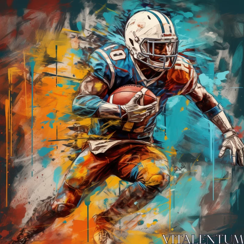 Captivating NFL Player Running with the Ball in Vibrant Cyan and Amber Tones AI Image