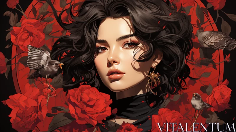 Close-up Anime-style Girl Portrait with Red Roses and Birds AI Image