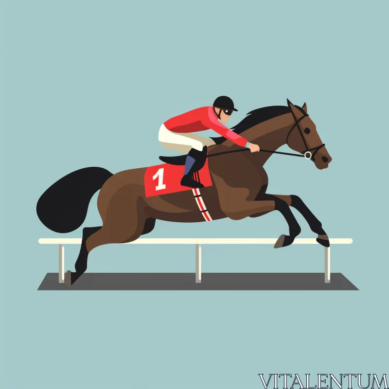 High-Angle View of Jockey & Racehorse Mid-Jump in Retro Style AI Image