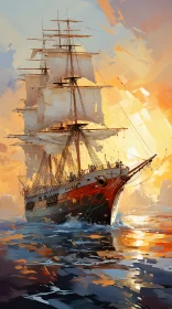 Majestic Ship Sailing on Amber Ocean at Sunset AI Image