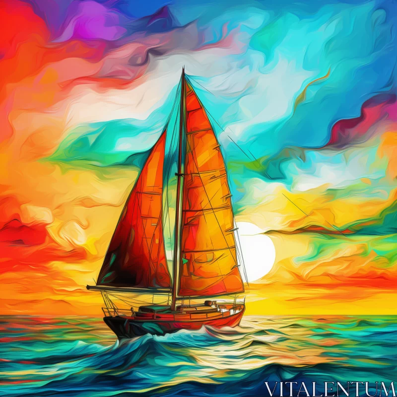 Psychedelic Sailboat at Vibrant Sunset in Multilayered Realism Style AI Image