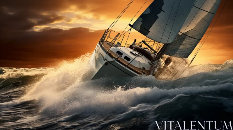 AI ART Dramatic Sailboat Scene in Stormy Ocean Landscape with Sunset Backdrop