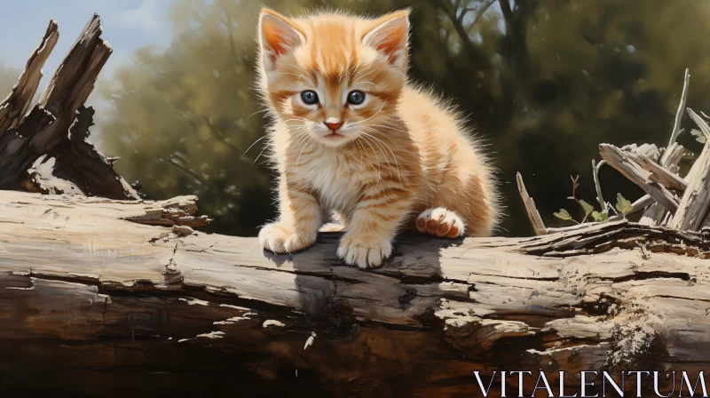 Illustration of Kitten on Tree Branch in Amber Hues AI Image