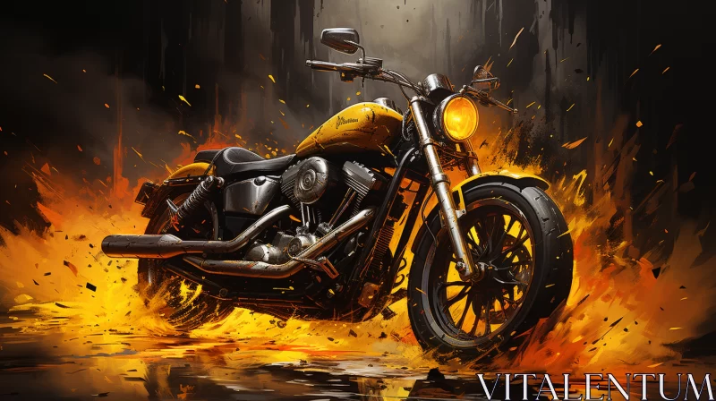 Intense Gaming Scenario with Flaming Motorcycle in Oil Painting Style AI Image