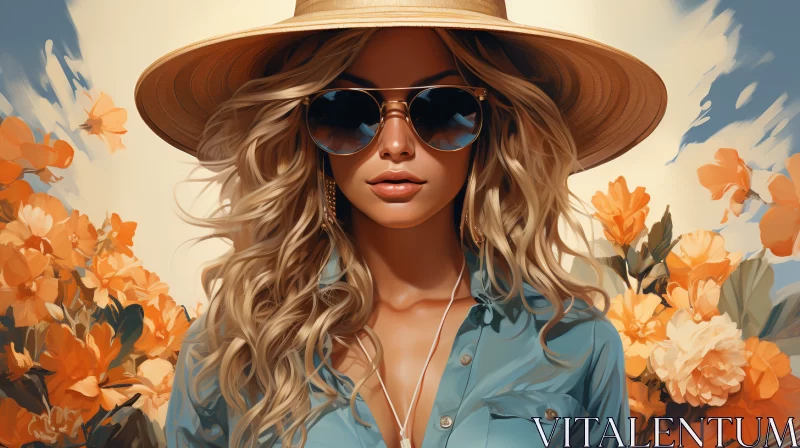 Beautiful Blond Woman in Hat and Sunglasses: Detailed Illustration AI Image