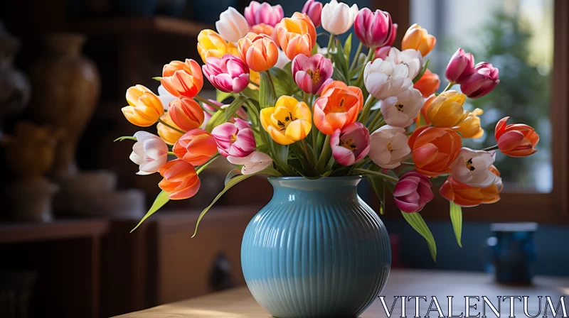 Captivating Bouquet of Multicolored Tulips in a Blue Vase AI Image