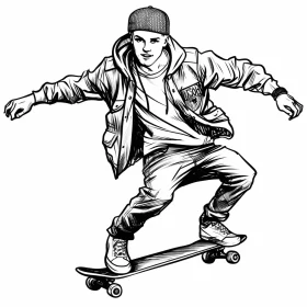 High-Resolution B&W Hyper-Realistic Skateboarder Illustration AI Image