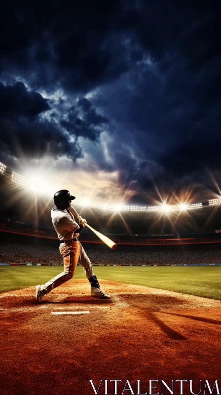Intense Baseball Game Under Vibrant Evening Sky AI Image