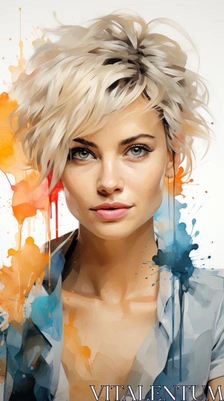 Watercolor Portrait in Aggressive Digital Illustration Style AI Image