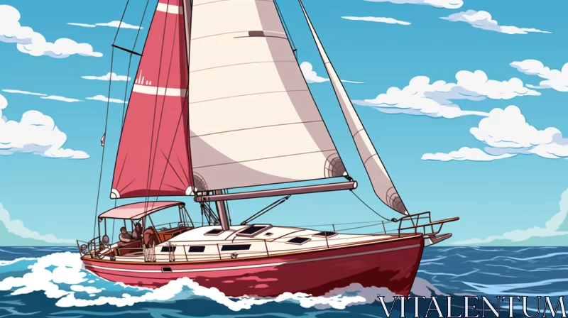 8K Graphic Novel Style Image of Crimson Sail Boat Embarking on Oceanic Journey AI Image