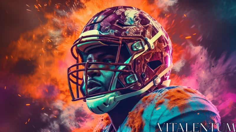 AI ART Intense Portrayal of Football Player Emerging from Foggy Background