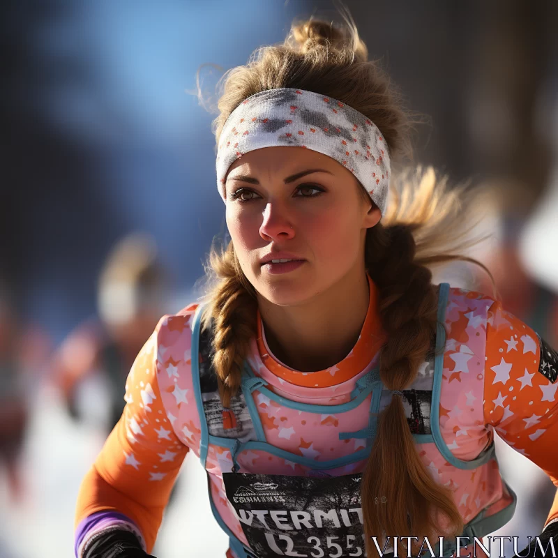 Intense Ski Race Scene with Determined Woman in Vibrant Attire AI Image