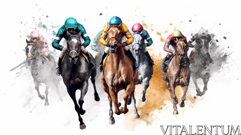 Thrilling Horse Race Captured in Photorealistic Watercolor Painting AI Image