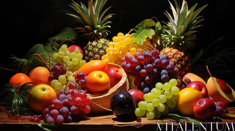 Tropical Symbolism: An Elaborate Fruit Arrangement in Ultraviolet Style AI Image