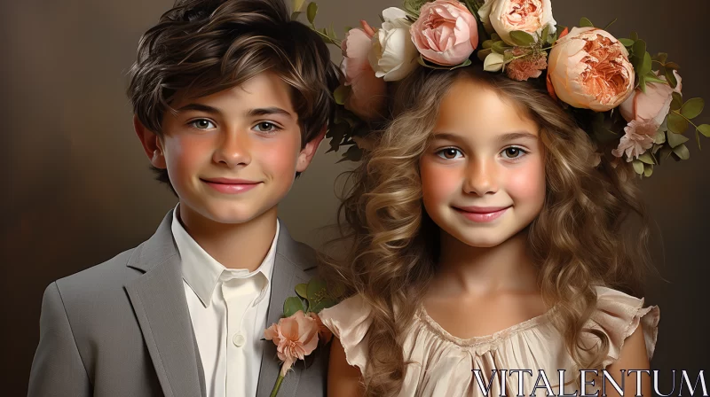 Classic Portrayal of Children in Floral Crowns AI Image