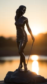 Graceful Bronze 3D Model of Golfing Woman at Sunset AI Image