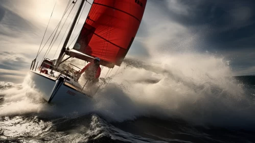 Red Sailboat Braving Stormy Seas in High-Energy Photojournalism Style Image AI Image