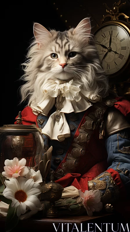 Baroque-Rococo Cat Portrait with Symbolist Clock & Floral Backdrop AI Image
