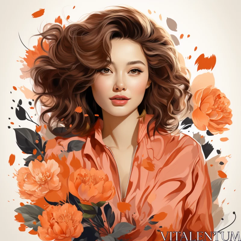 Captivating Woman Portrait with Floral Background and Asian Elements AI Image