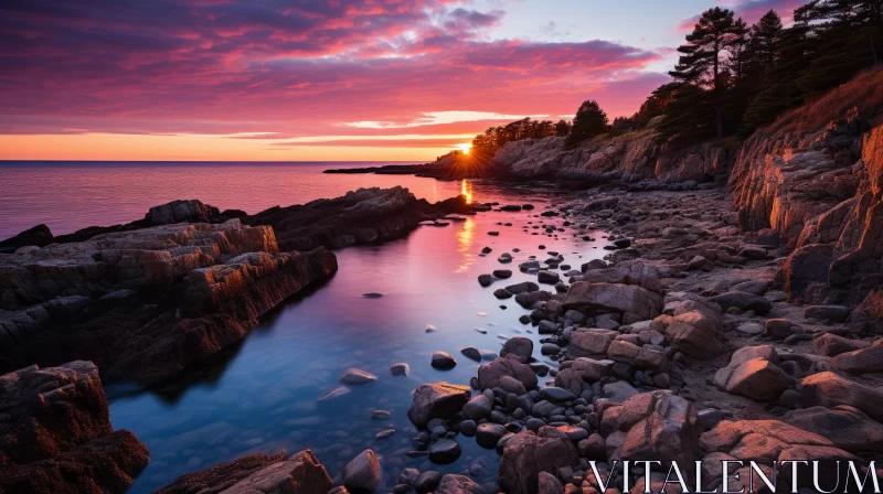 Tranquil Sunset on Maine Coast with Rugged Shoreline AI Image