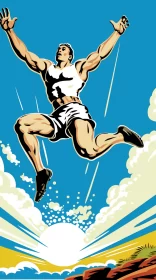Vintage Athlete Mid-Jump Between Clouds with Art Deco Influence AI Image