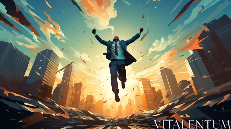 Businessman Leaping Over Rooftops in Comic Art Style AI Image
