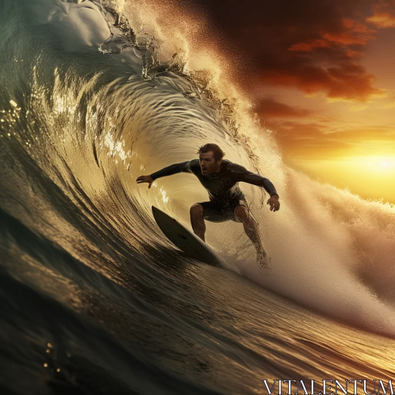 AI ART Dramatic Sunset Surfing Image, Aquatic Athleticism Captured in Chiaroscuro Lighting, Rich Color Grad