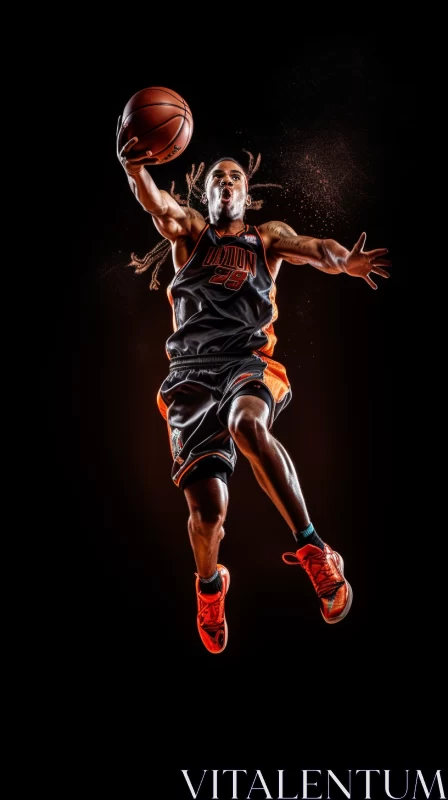 Dynamic Basketball Player Mid-Air Shot in Surreal Lighting AI Image